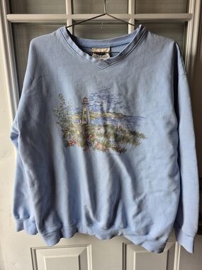 Vintage Northern Reflections Light Blue Crewneck Sweater with Lighthouse Scene